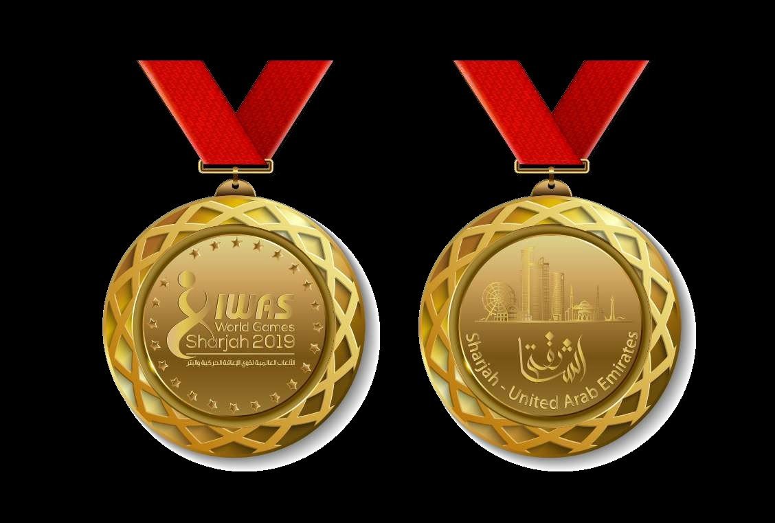 The medal designs for the IWAS World Games 2019 feature the competition logo and a cityscape of Sharjah