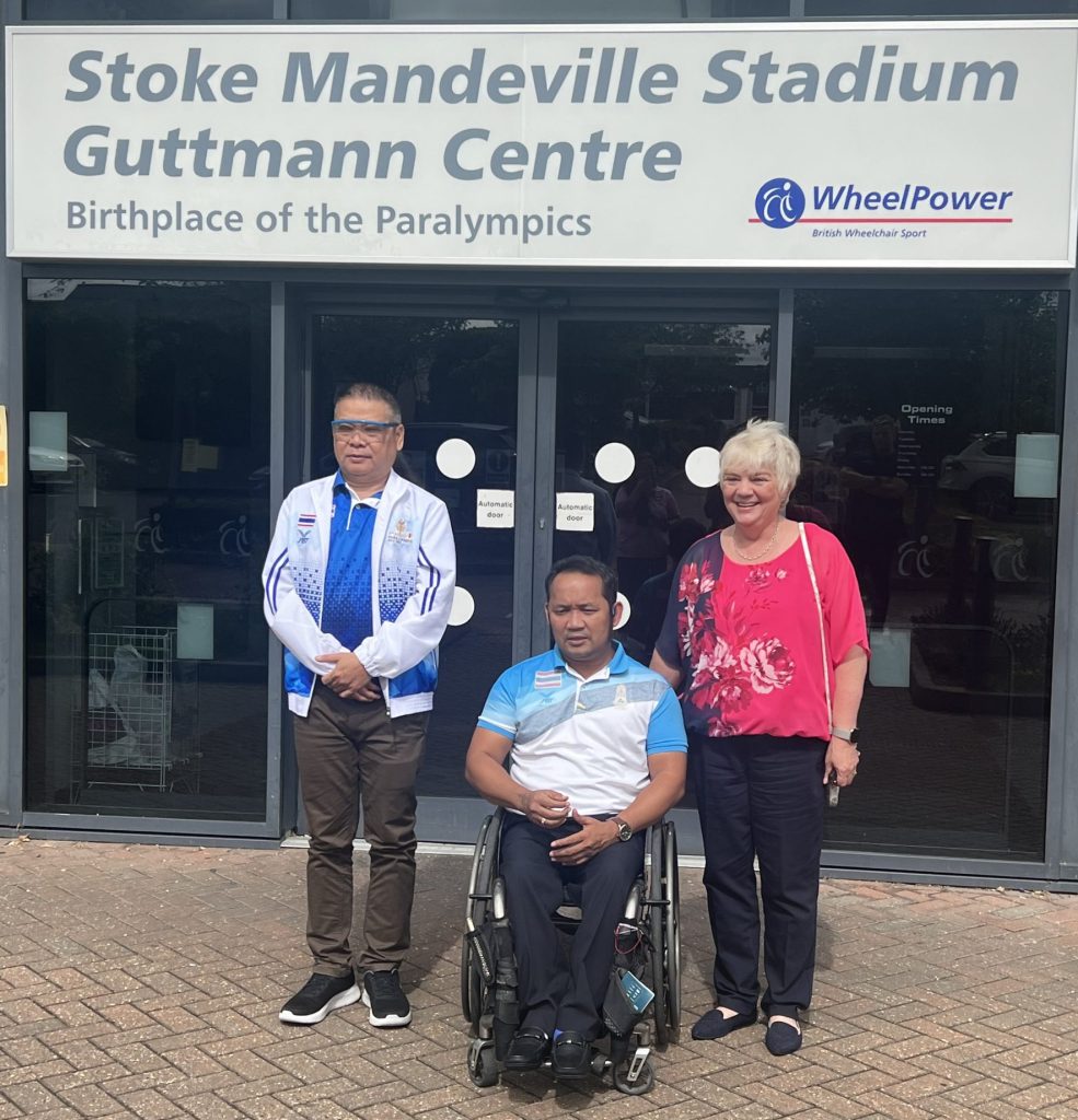 Sports Association for the Disabled of Thailand and Local Organising Committee, President, Chukiat Singsung and Secretary General Maitree Kongruang join World Abilitysport CEO, Charmaine Hooper at Stoke Mandeville Stadium.