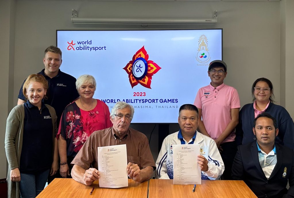 Representatives from World Abilitysport and Sports Association for the Disabled of Thailand meet in Aylesbury, UK to sign the 2023 Games contract
